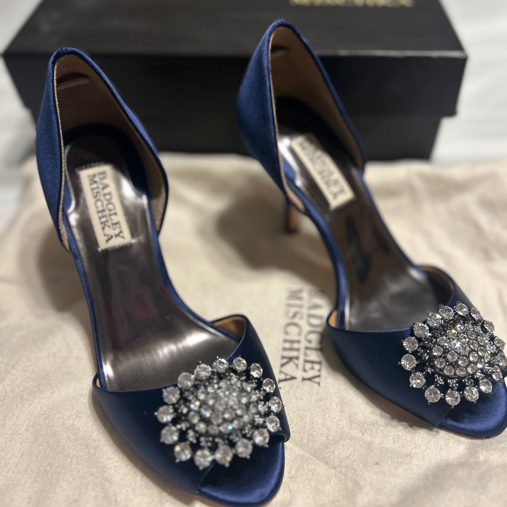 Badgley Mischka Navy Blue Heels with Silver Embellishments